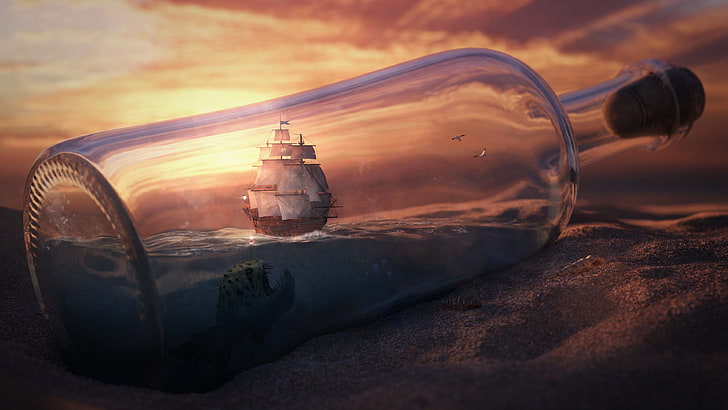 brown ship impossible bottle, sand, the sky, clouds, sunset, desert, HD wallpaper