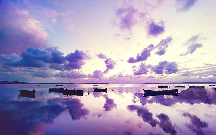 nature, boat, color correction, purple sky, lake, HD wallpaper
