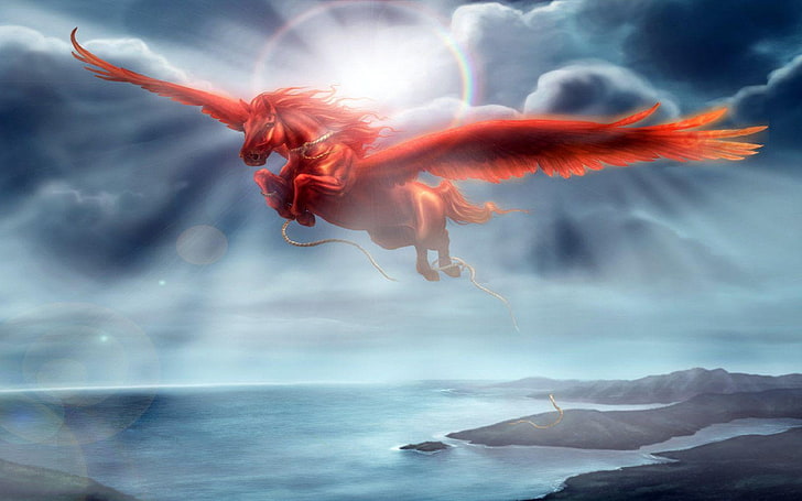 Fantasy Ocean Clouds Wings Red Horses Pegasus Wallpaper Hd 3840×2400