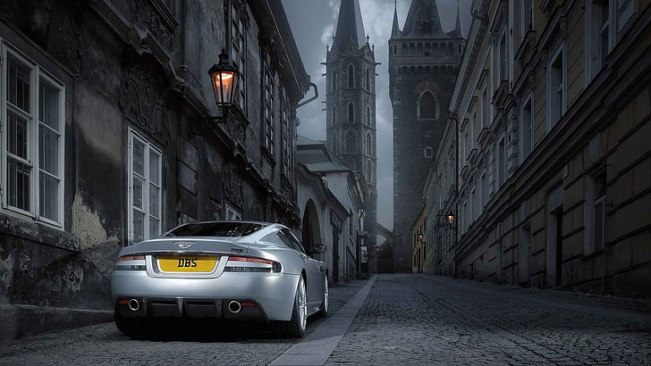 car, street, building, city, cityscape, night, lamp, Aston Martin DBS