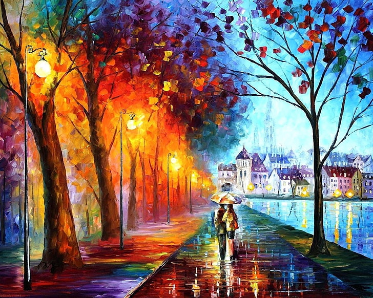 man and woman under umbrella painting, autumn, drawing, walking