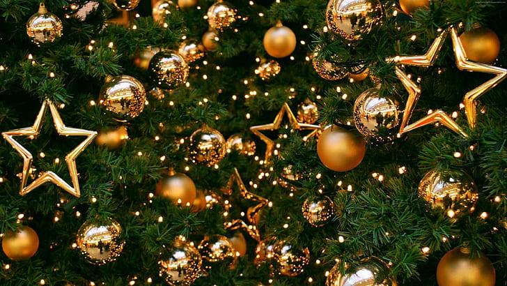4k, balls, Christmas, New Year, toys, decorations, fir-tree, HD wallpaper