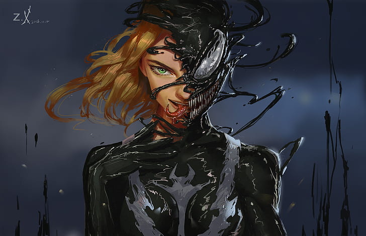 Venom, artwork, women, tongue out, 2018 (Year), green eyes, HD wallpaper