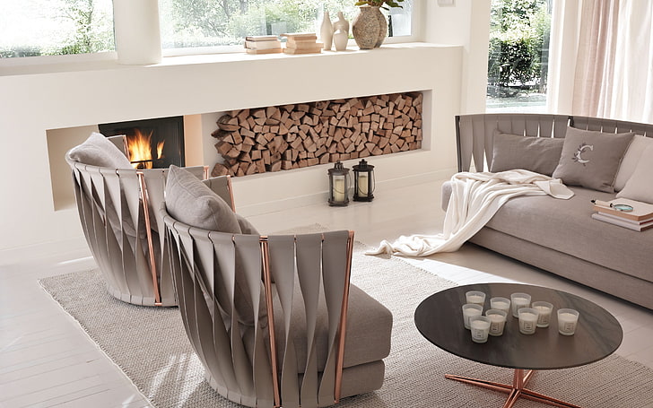 gray living room sofa set, armchair, fireplace, furniture, interior
