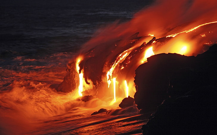Magma-Hawaiian Islands landscape HD Wallpaper, lava, water, sea