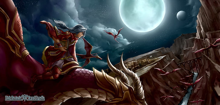 Fairytale wallpaper, Pixiv Fantasia, dragon, Wyvern, moon, night, HD wallpaper