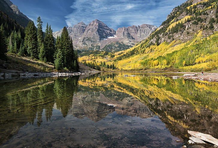 photography of lake surrounded by trees, Maroon Bells, Colorado, HD wallpaper