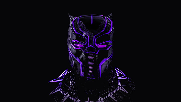 5K, Neon, Artwork, Black Panther, black background, purple