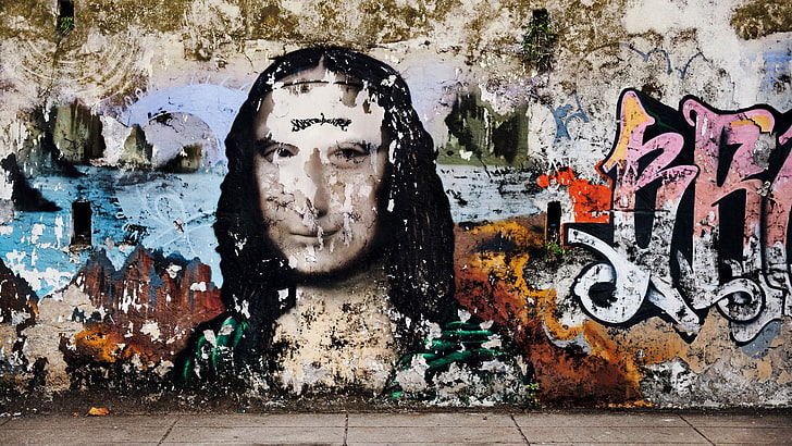 Mona Lisa graffiti, calligraphy, wall, wall - building feature