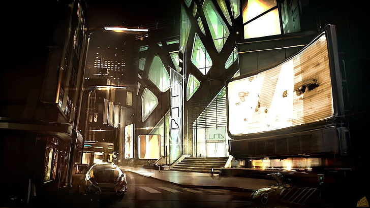 brown wooden framed glass top table, cyberpunk, Deus Ex: Human Revolution