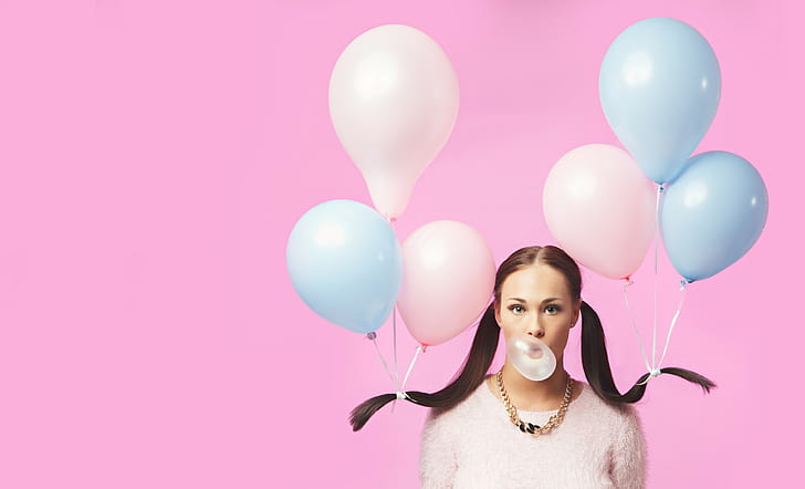 model, bubble gum, women, balloon, brunette, pigtails, white sweater