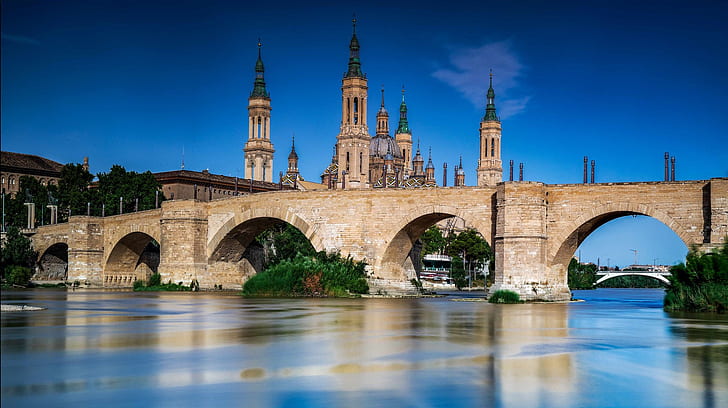 bridge, river, temple, Spain, Zaragoza, Stone bridge, The River Ebro, HD wallpaper