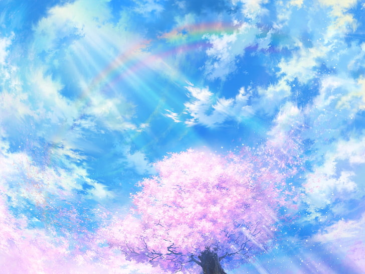 sakura tree painting, light, cherry, sky, bright, nature, blue, HD wallpaper