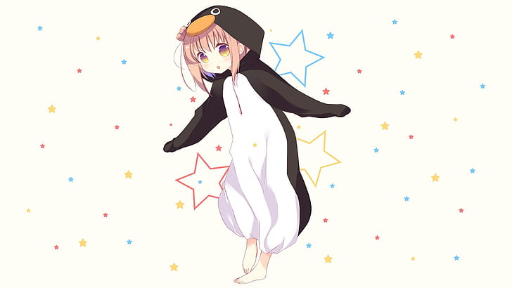 anime, manga, anime girls, simple background, stars, penguins