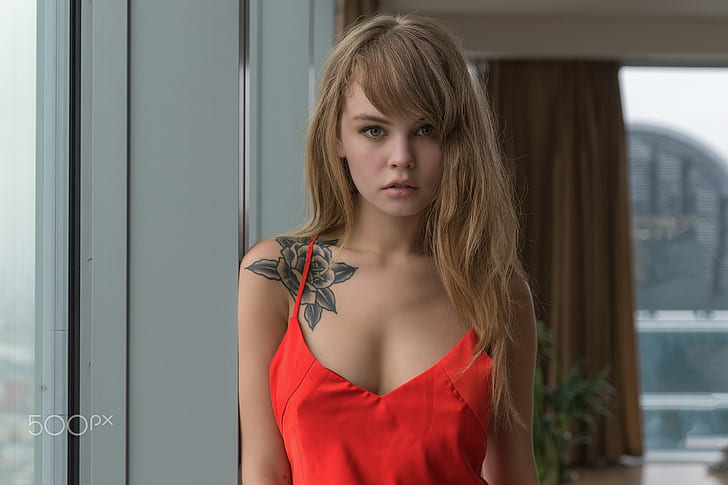 blonde, face, tattoo, Anastasia Scheglova, portrait, HD wallpaper