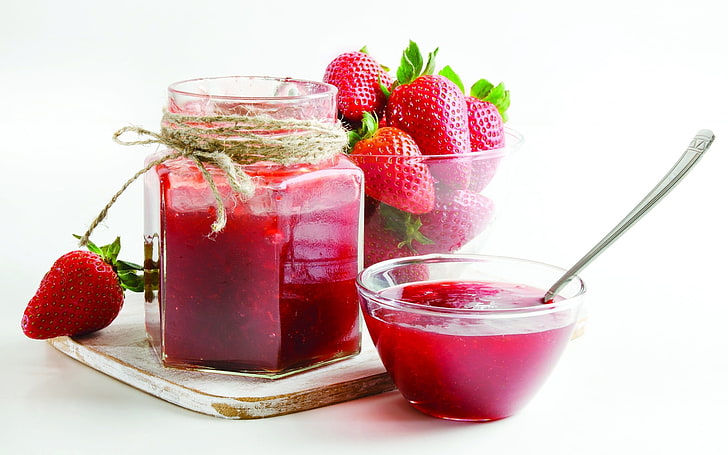 strawberries and strawberry jam jar, fruit, freshness, food, cocktail, HD wallpaper