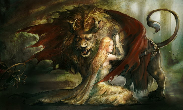 Lion Protecting Princess, drawing, beast, woman fantasy, 3d and abstract, HD wallpaper