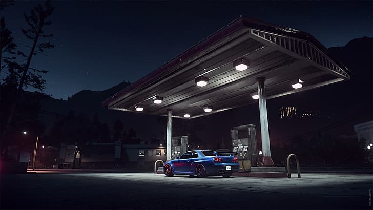 nightscape, Nissan, Nissan Skyline R34, gas station, Need for Speed, HD wallpaper