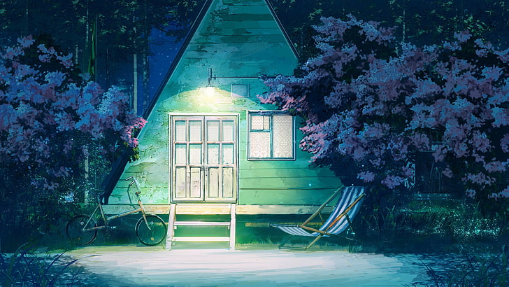 beige and black house illustration, bicycle, hammocks, trees, HD wallpaper