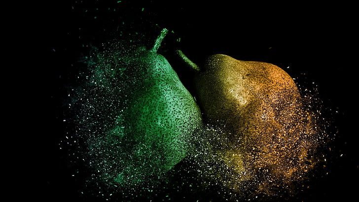 pears, destroy, green, yellow, fruits, digital art, explosion, HD wallpaper