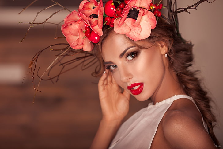 women, tanned, face, portrait, flowers, red lipstick, depth of field, HD wallpaper