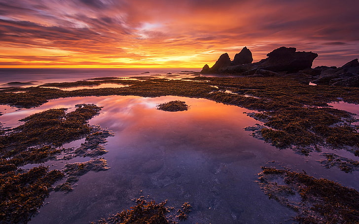 Bali Indonésie Shore Rocks Sea Grass Red Sky Clouds Landscape Sunset Desktop Hd Wallpaper For Pc Tablet And Mobile 3840×2400