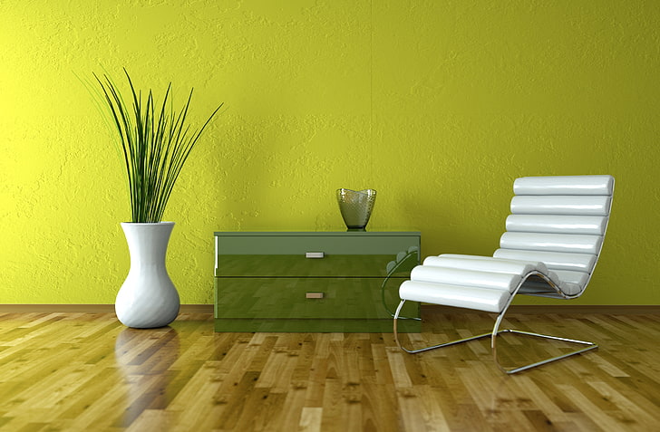 green wooden 2-drawer chest and white floor vase, Interior, leather chair