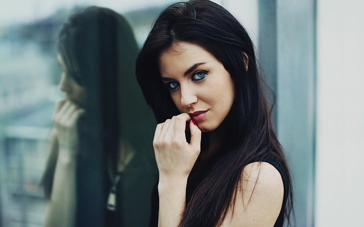 Aurela Skandaj, women, brunette, face, blue eyes, long hair, HD wallpaper