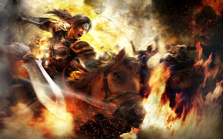 action, anime, battle, dynasty, fantasy, fighting, fire, horse, HD wallpaper