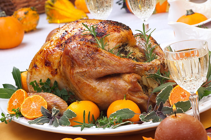roaster chicken, gala dinner, appetizing, turkey, rosemary, tangerine, HD wallpaper