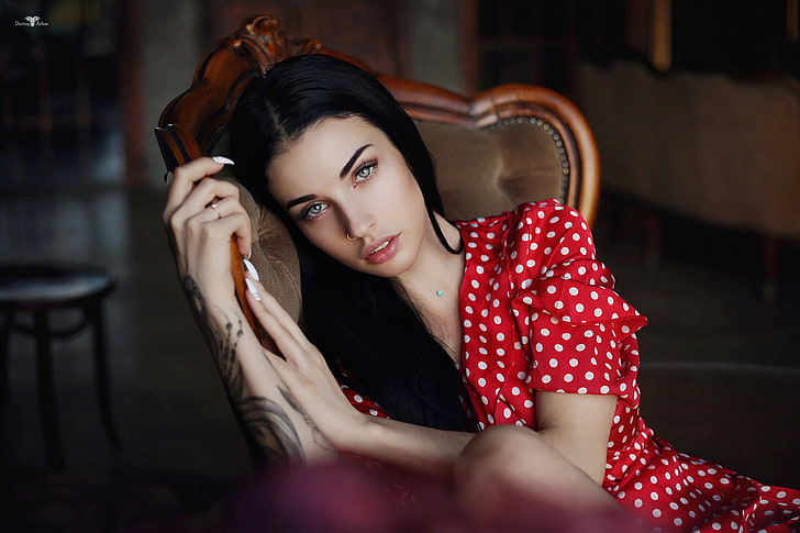 women, Dmitry Arhar, Alla Berger, polka dots, red dress, nose ring, HD wallpaper