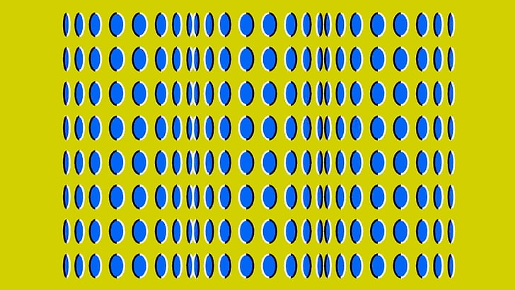 optical illusion, yellow background, polka dots, blue, no people