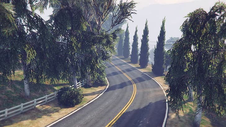 GTA5, GTA Online, GTA Landscape, GTA Photography, trees, sunrise, HD wallpaper