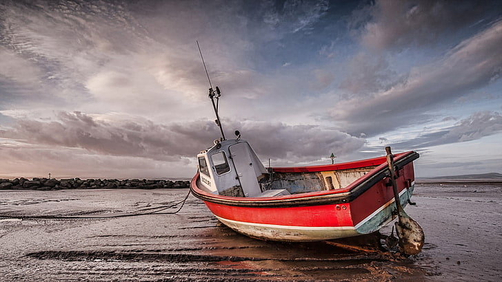 red and white speedboat, sea, sky, vehicle, clouds, nautical vessel, HD wallpaper
