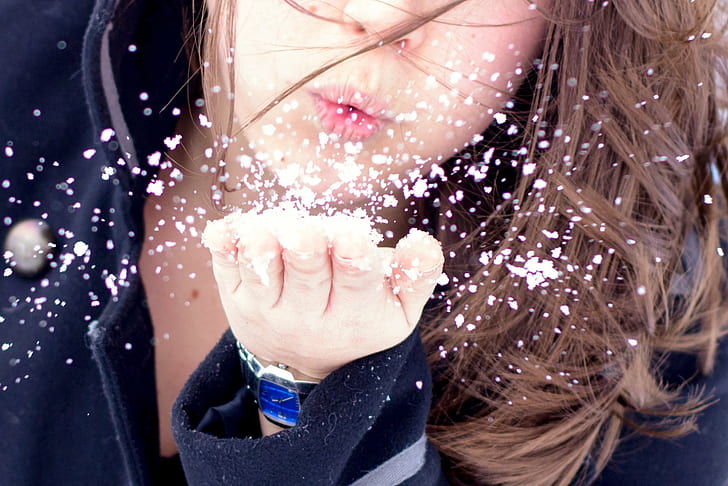 woman blowing snows on her palm, girl, portrait, women, people