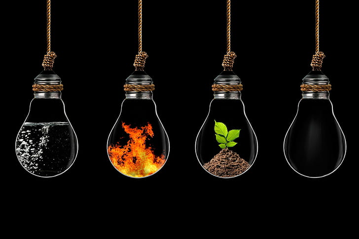 black background, ropes, fire, four elements, light bulb, plants