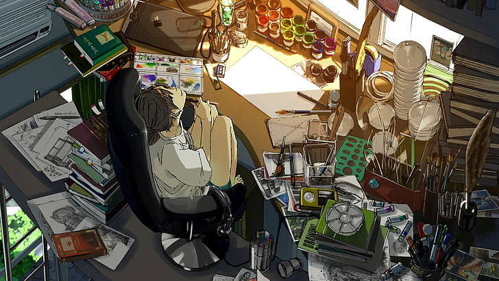 room, anime girls, original characters, clutter, no people