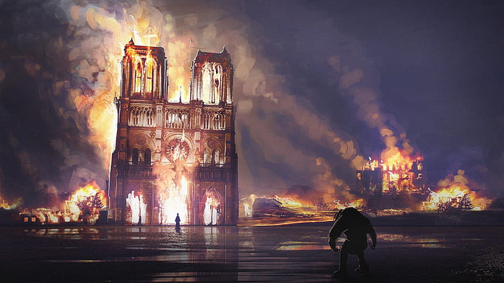 fire, France, artwork, Notre-Dame, burning, HD wallpaper