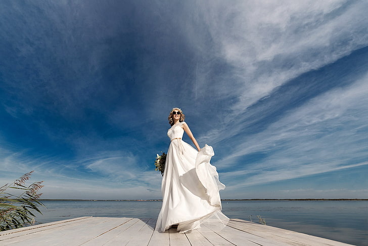 blue, sky, brides, white dress, women, cloud - sky, wedding, HD wallpaper