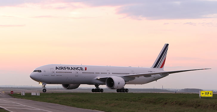 white Airfrance airplane, Sunset, The sky, Clouds, The evening
