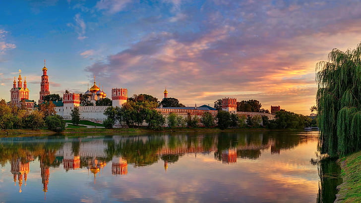 Moscow, Novodevichy Convent, summer, river, trees, dusk, HD wallpaper
