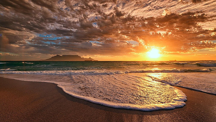beach, orange sky, sunlight, calm, wave, ocean, foamy, water