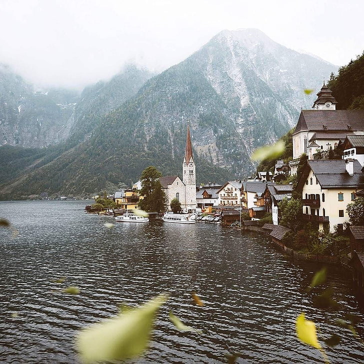 Hallstatt, village, house, church, leaves, ship, lake, mountains