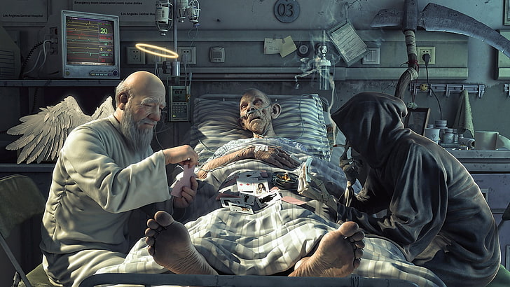 man lying in hospital bed between angel and grim reaper wallpaper, hospital patient between angel and reaper playing cards illustration