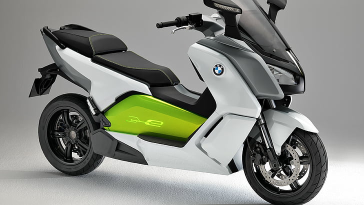 white and green BMW motorcycle, BMW C Evolution, electric, electric bikes