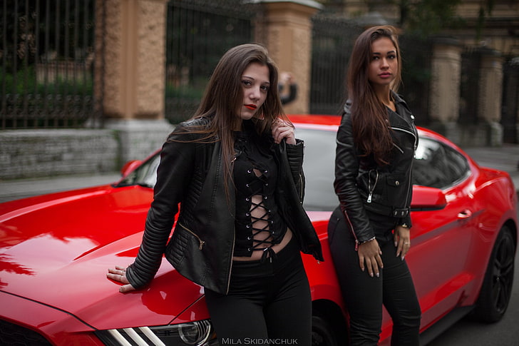women, women with cars, depth of field, pants, leather jackets