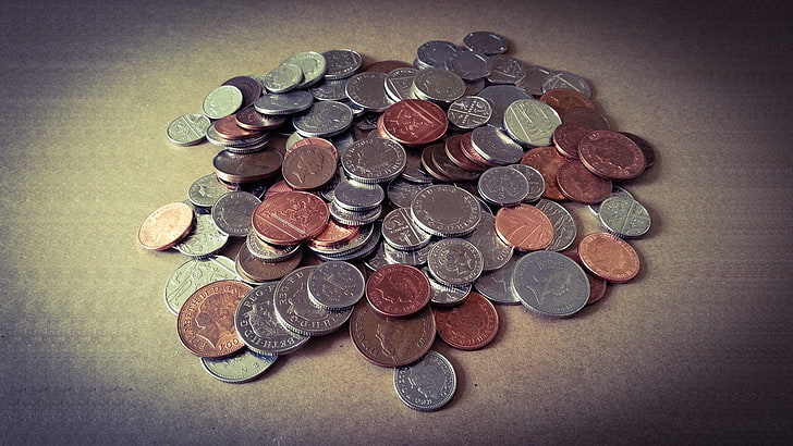 brown and gray ceramic plates, coins, money, metal, British Pound