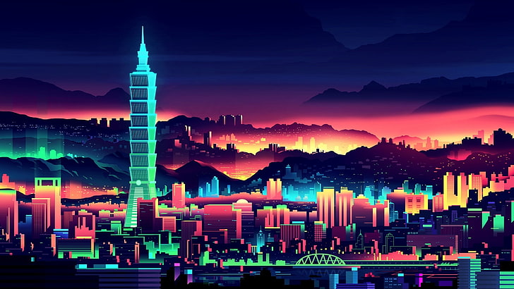 city, neon, glowing, artwork, Taiwan, colorful, Taipei, HD wallpaper