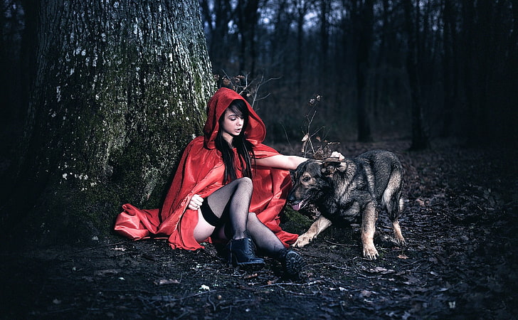 cape, dog, fantasy art, women, model, fishnet stockings, Little Red Riding Hood