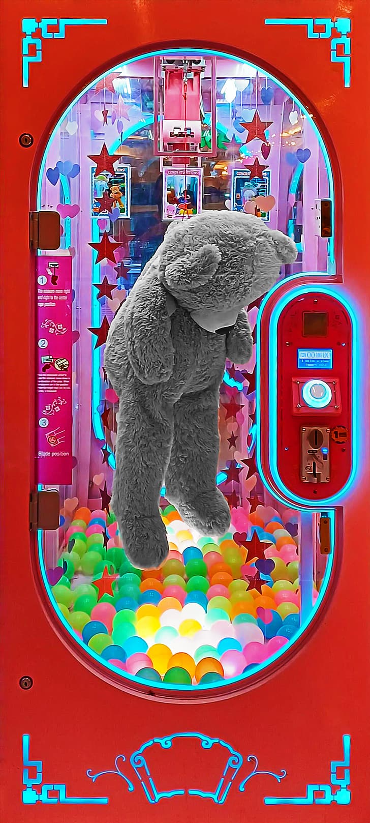 vending machine, Teddy Bears Outdoors, colorful, depressing